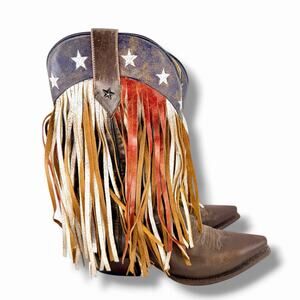 Roper Womens American Beauty Fringe Brown Multi Leather Cowboy Boots